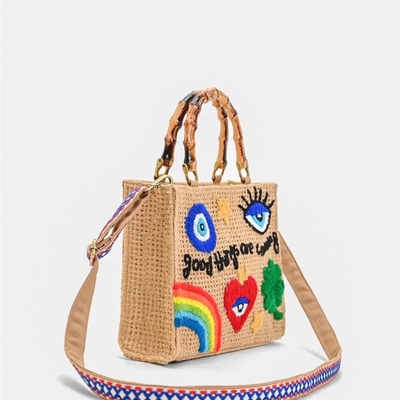 Embroidered Good Things Are Coming Handbag with Bamboo Handles- (Medium) - Picture 2 of 4